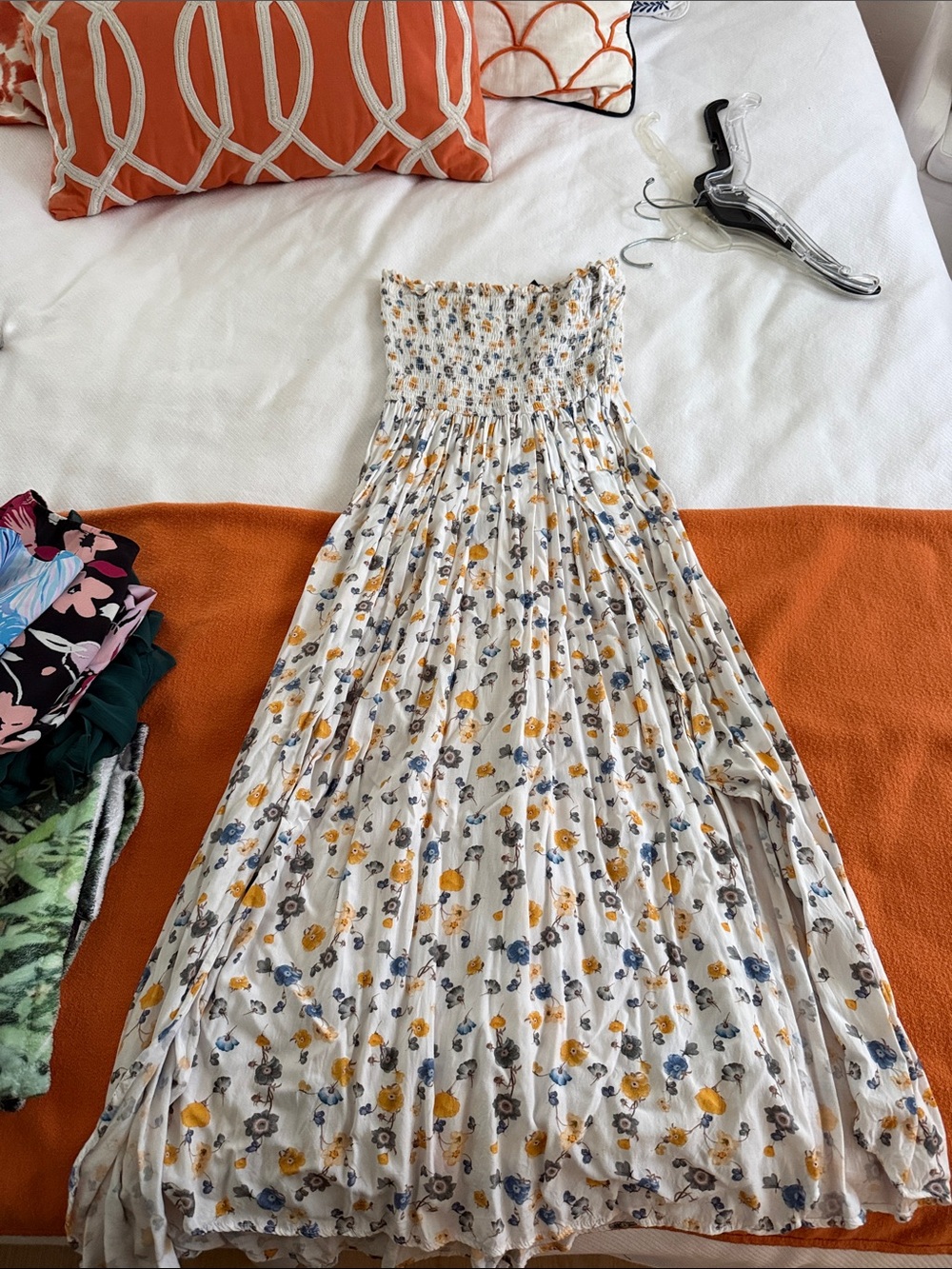 Smocked Cream Maxi Dress with Yellow & Blue Floral Print